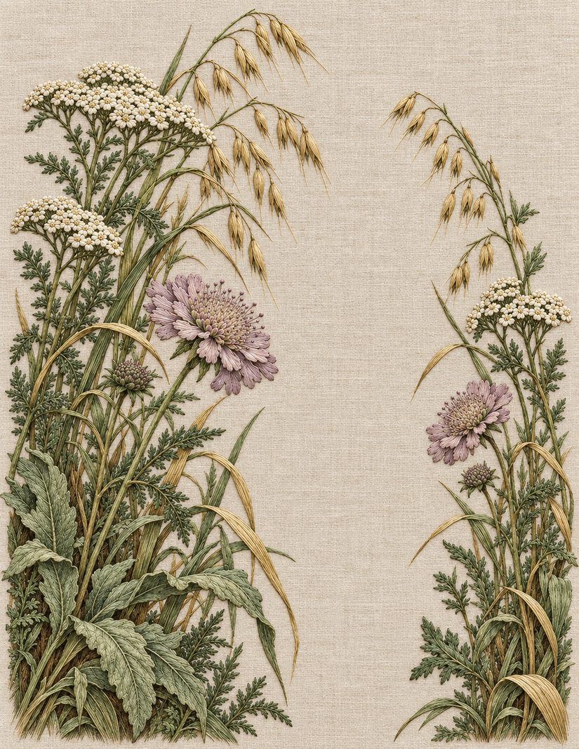 The Unfinished Meadow Arch, Study 71: botanical textile interpretation showing surface direction and open space in The Meadow in Thread.