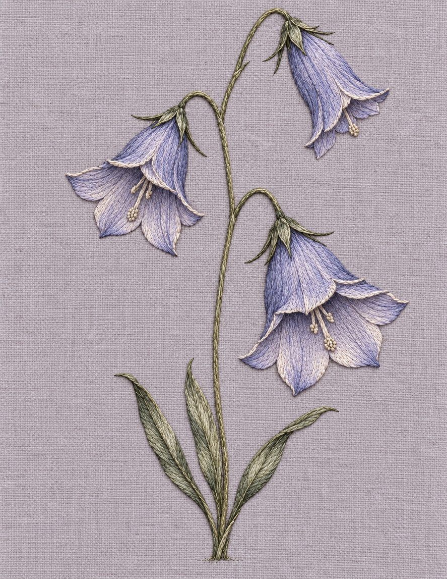 Three Hanging Harebells, Study 33: botanical textile interpretation showing surface direction and open space in The Meadow in Thread.
