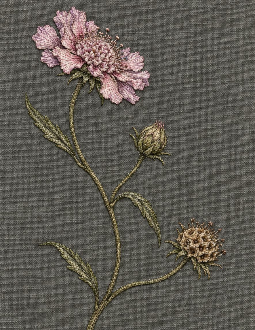 Three Stages of Scabious, Study 03: botanical textile interpretation showing surface direction and open space in The Meadow in Thread.