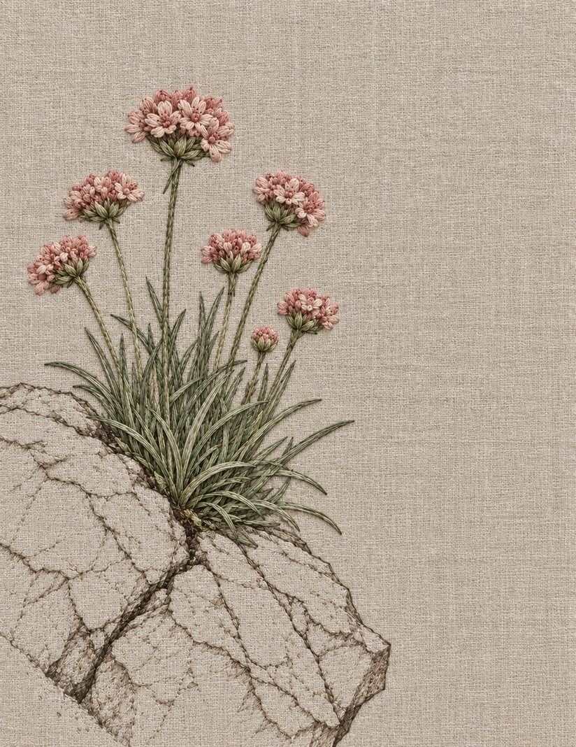 Thrift in a Stone Crack, Study 51: botanical textile interpretation showing surface direction and open space in The Meadow in Thread.