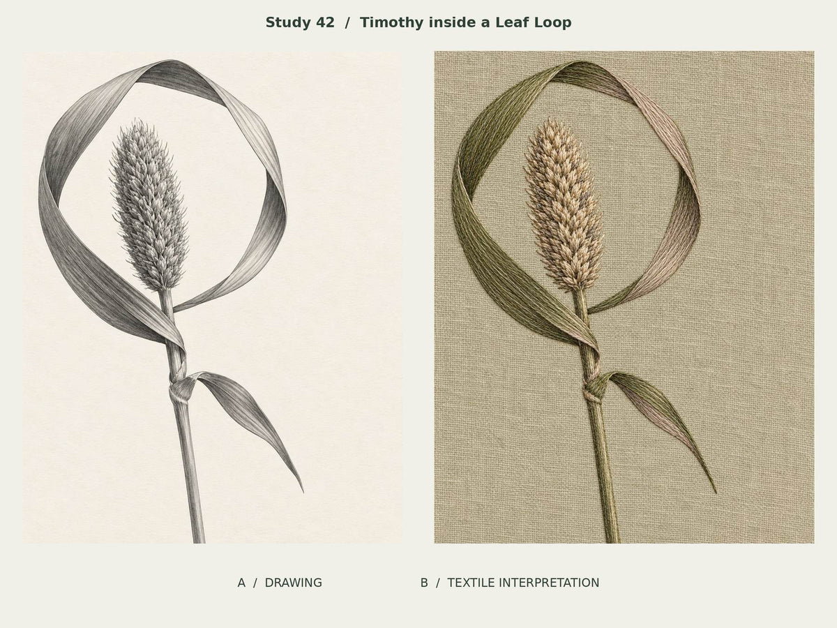 Timothy inside a Leaf Loop, Study 42: graphite-and-ink drawing beside the corresponding textile interpretation from The Meadow in Thread.