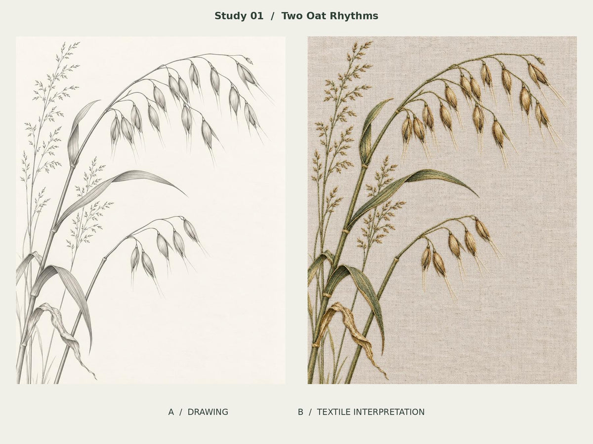Two Oat Rhythms, Study 01: graphite-and-ink drawing beside the corresponding textile interpretation from The Meadow in Thread.