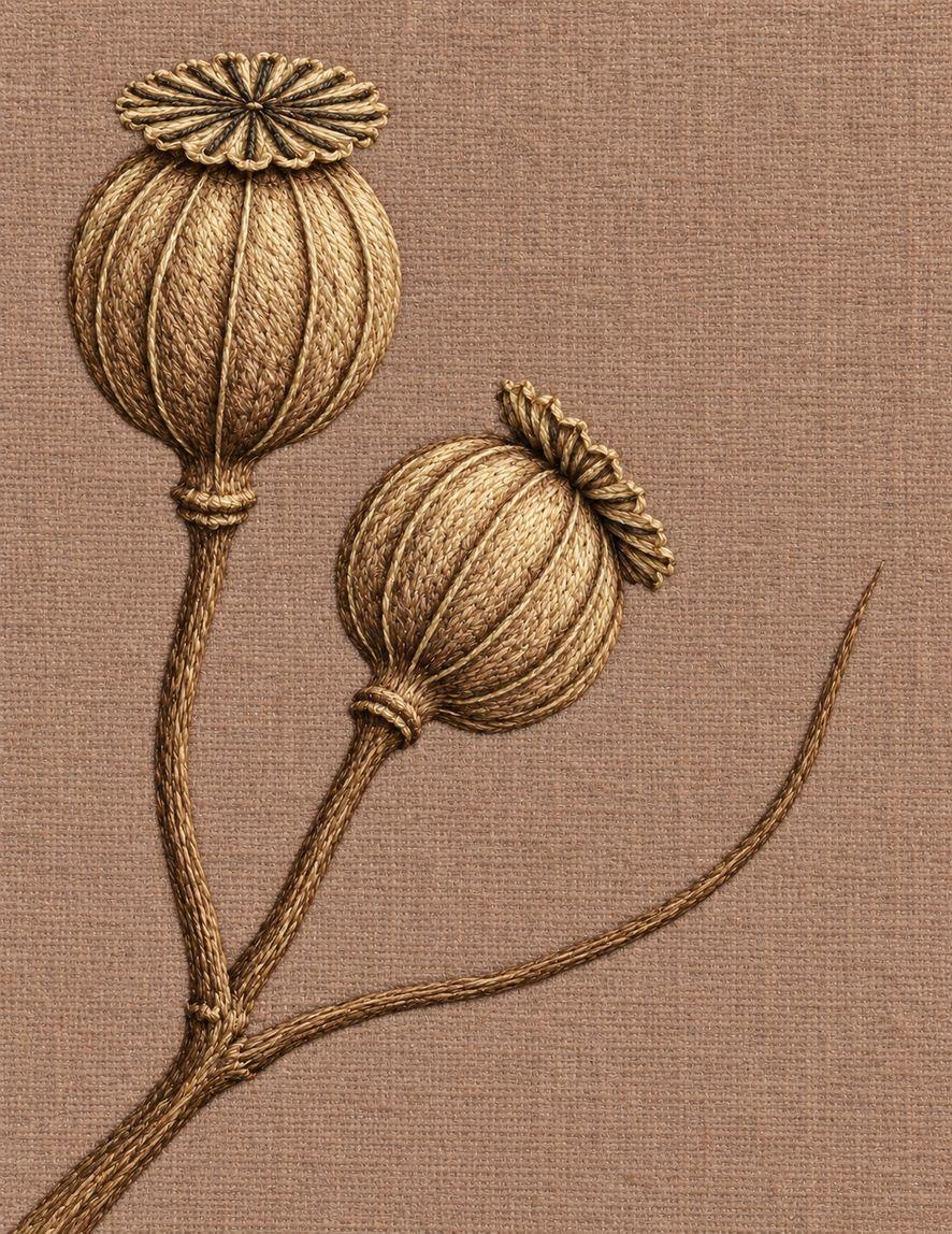 Two Poppy Capsules and an Empty Pedicel, Study 65: botanical textile interpretation showing surface direction and open space in The Meadow in Thread.