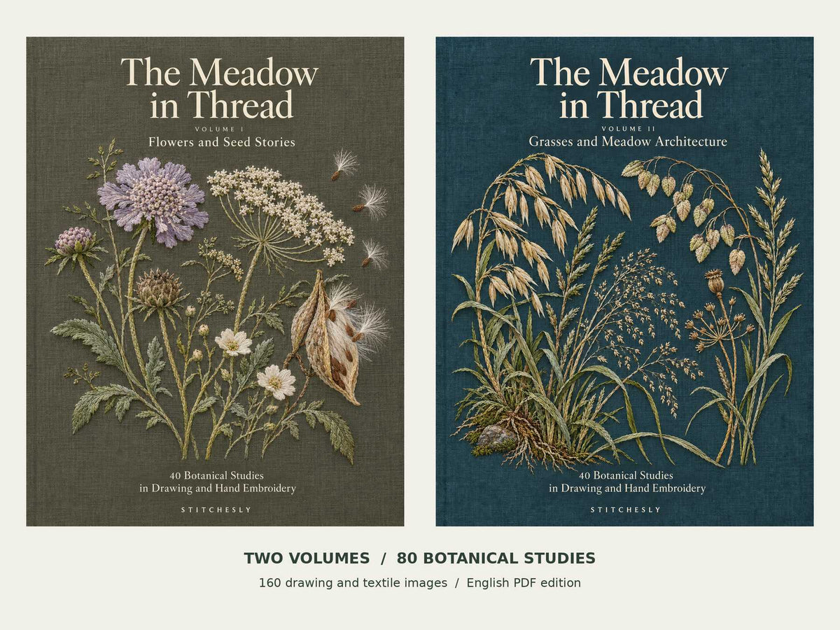 The Meadow in Thread Volumes I and II with large front covers, 80 botanical studies and 160 paired drawing and textile images.
