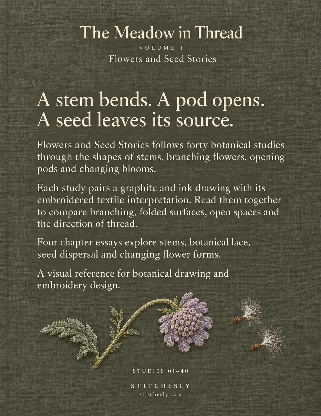 The Meadow in Thread Volume I back cover with the book description and flower and seed detail.
