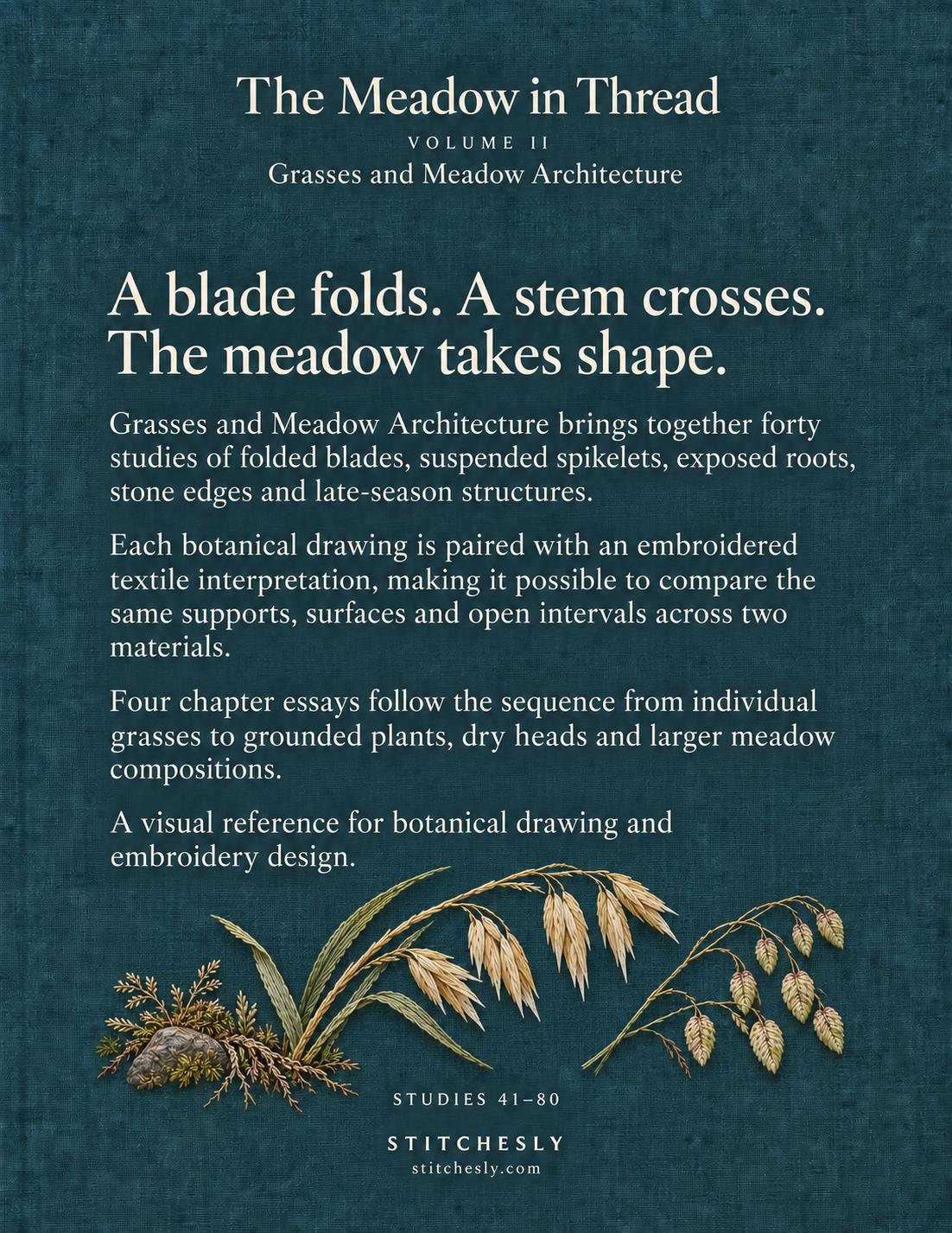 The Meadow in Thread Volume II back cover with the book description and grass and meadow detail.