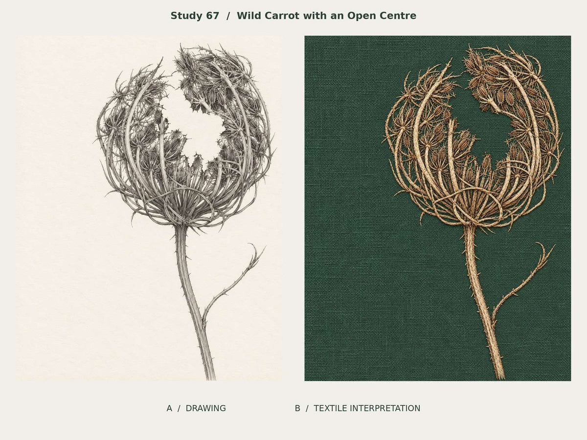 Wild Carrot with an Open Centre, Study 67: graphite-and-ink drawing beside the corresponding textile interpretation from The Meadow in Thread.