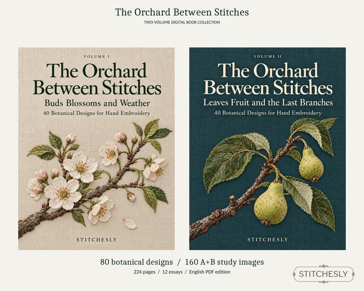 The Orchard Between Stitches Volumes I and II, showing the blossom and fruit book covers, 80 botanical designs and 160 drawing and embroidery study images.
