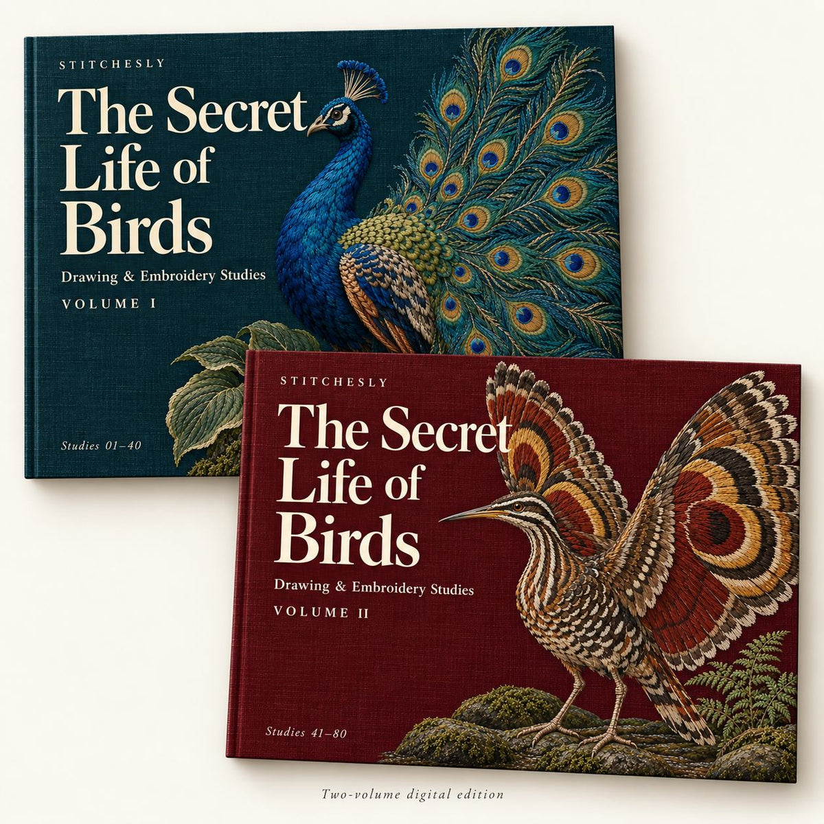 The original landscape covers of The Secret Life of Birds appear large against a quiet ivory background. Volume I features a peacock on teal linen; Volume II features a sunbittern on burgundy linen. Two-volume digital edition.