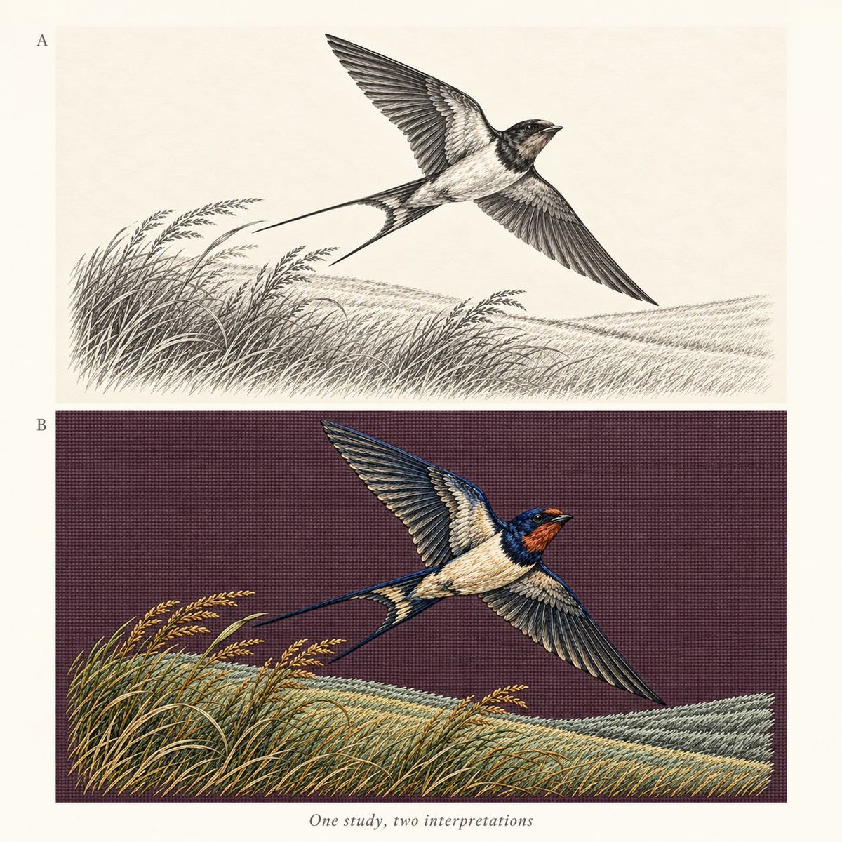 The swallow from Study 01 appears first as a drawing and then as its corresponding embroidery image. The two complete compositions are presented at a matching scale for close comparison.