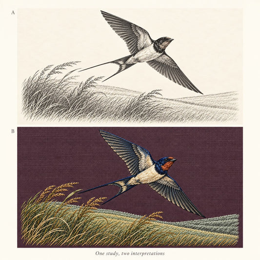 The swallow from Study 01 appears first as a drawing and then as its corresponding embroidery image. The two complete compositions are presented at a matching scale for close comparison.