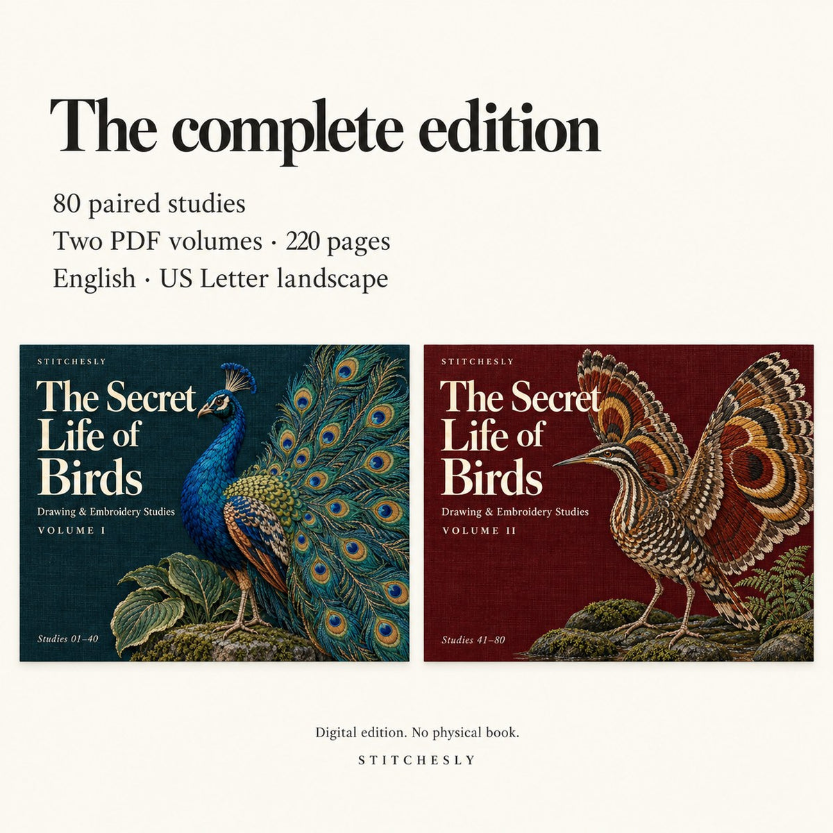 A restrained overview of the collection: 80 paired studies, two PDF volumes, 220 pages, English text and US Letter landscape pages. Both original covers appear below the details. Digital edition; no physical book.