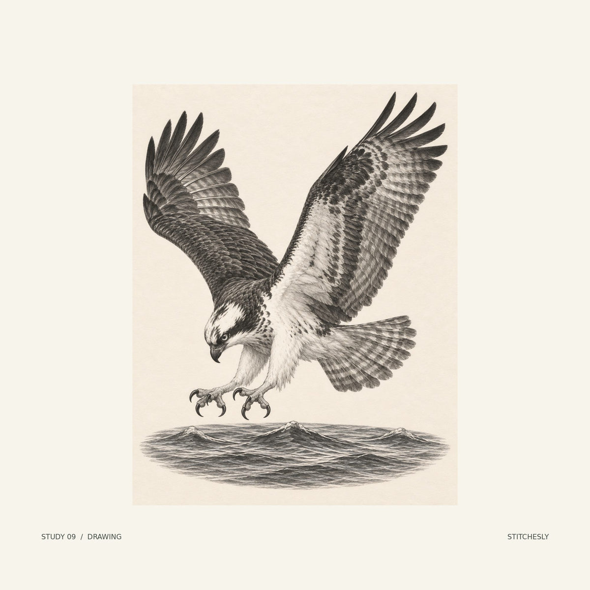 Study 09, drawing. An osprey holds its wings above its body and reaches towards the water with open talons. The monochrome drawing presents the composition through line and shading.