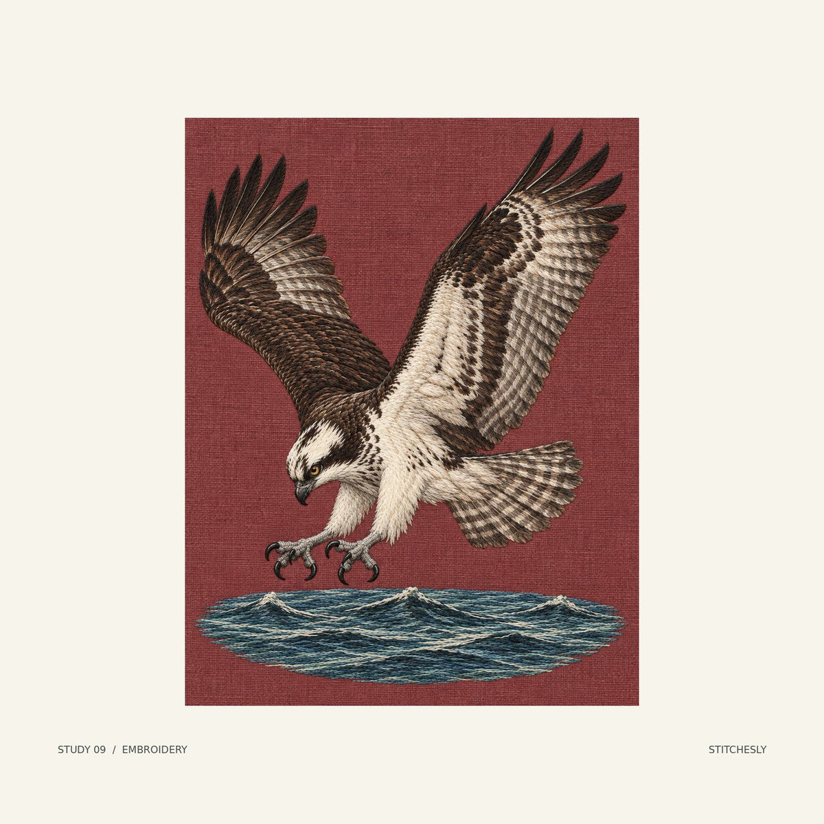 Study 09, embroidery image. An osprey holds its wings above its body and reaches towards the water with open talons. The corresponding embroidery image interprets the scene in colour and textile texture.