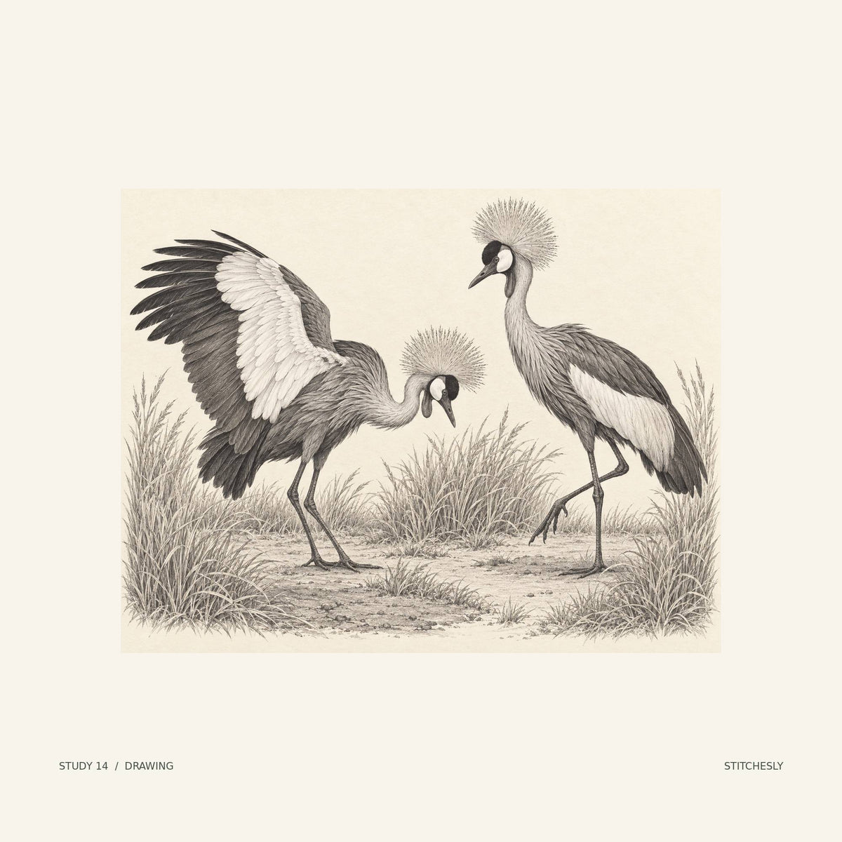 Study 14, drawing. Two crowned cranes face one another in a ring of grasses, their crests and raised wings shaping the scene. The monochrome drawing presents the composition through line and shading.
