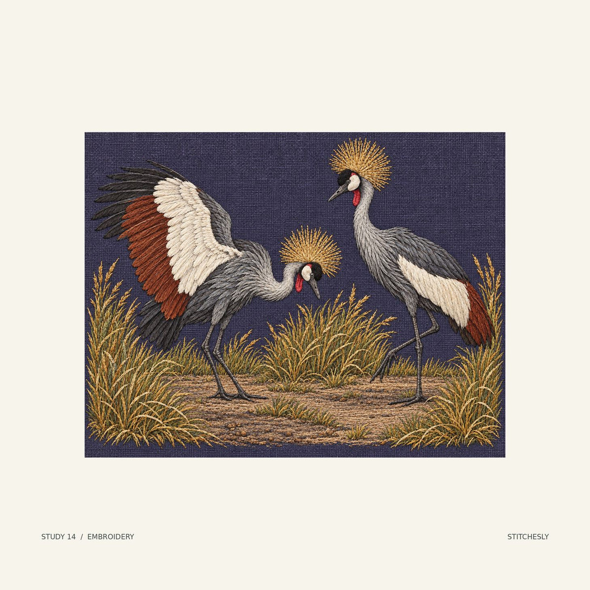 Study 14, embroidery image. Two crowned cranes face one another in a ring of grasses, their crests and raised wings shaping the scene. The corresponding embroidery image interprets the scene in colour and textile texture.