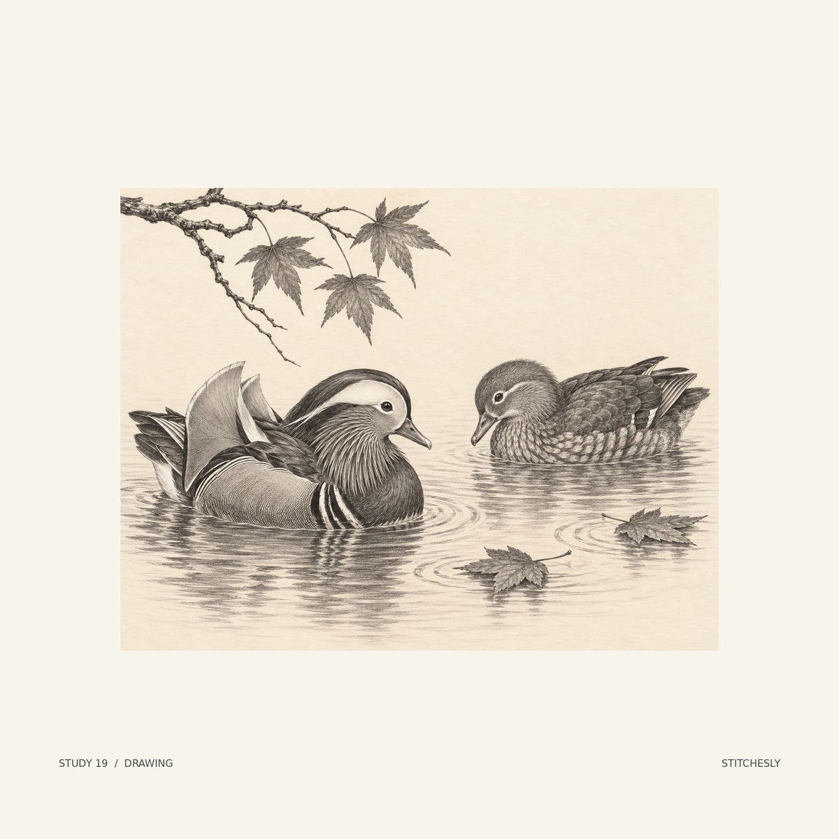Study 19, drawing. A pair of mandarin ducks floats beneath a maple branch, with fallen leaves and reflections across the water. The monochrome drawing presents the composition through line and shading.
