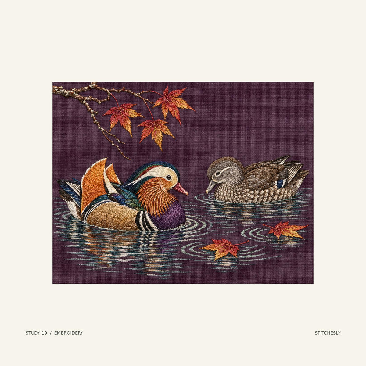 Study 19, embroidery image. A pair of mandarin ducks floats beneath a maple branch, with fallen leaves and reflections across the water. The corresponding embroidery image interprets the scene in colour and textile texture.