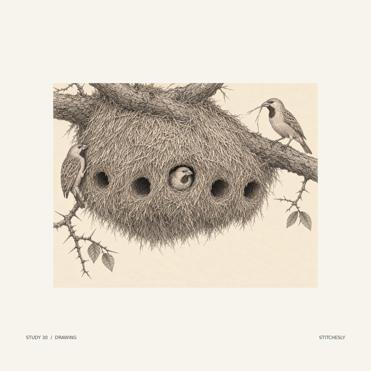 Study 30, drawing. Sociable weavers gather around the openings of a large communal nest suspended beneath a branch. The monochrome drawing presents the composition through line and shading.