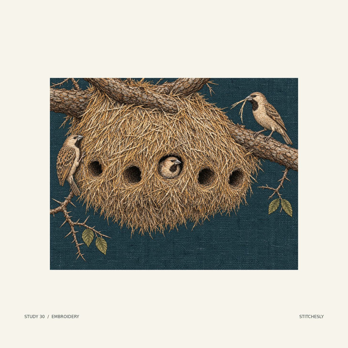 Study 30, embroidery image. Sociable weavers gather around the openings of a large communal nest suspended beneath a branch. The corresponding embroidery image interprets the scene in colour and textile texture.