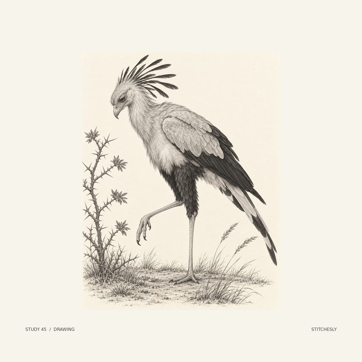 Study 45, drawing. A secretarybird steps through sparse grasses beside a thorny branch, its long legs and crest in profile. The monochrome drawing presents the composition through line and shading.