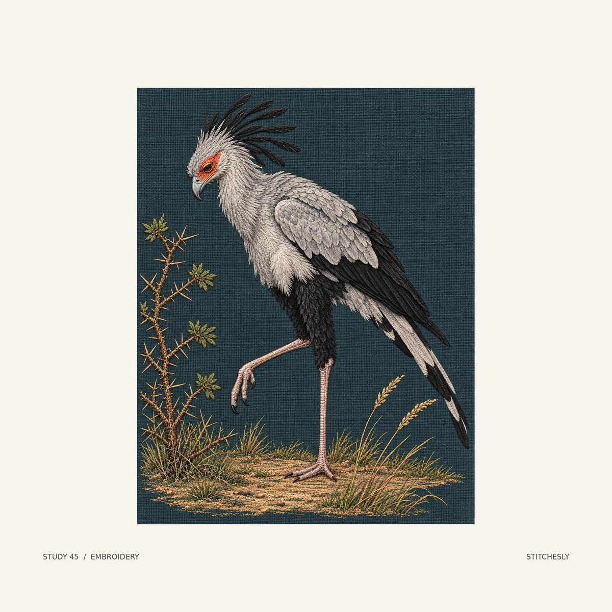 Study 45, embroidery image. A secretarybird steps through sparse grasses beside a thorny branch, its long legs and crest in profile. The corresponding embroidery image interprets the scene in colour and textile texture.