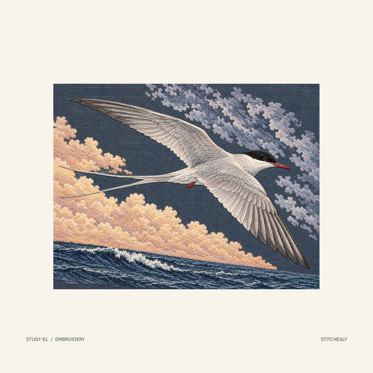 Study 61, embroidery image. An Arctic tern stretches its wings above an ocean swell beneath a broad sky. The corresponding embroidery image interprets the scene in colour and textile texture.