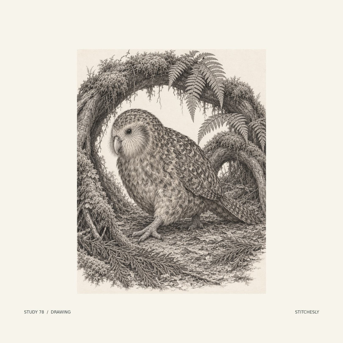Study 78, drawing. A kakapo stands beneath an arch of moss and fern fronds in a sheltered forest setting. The monochrome drawing presents the composition through line and shading.
