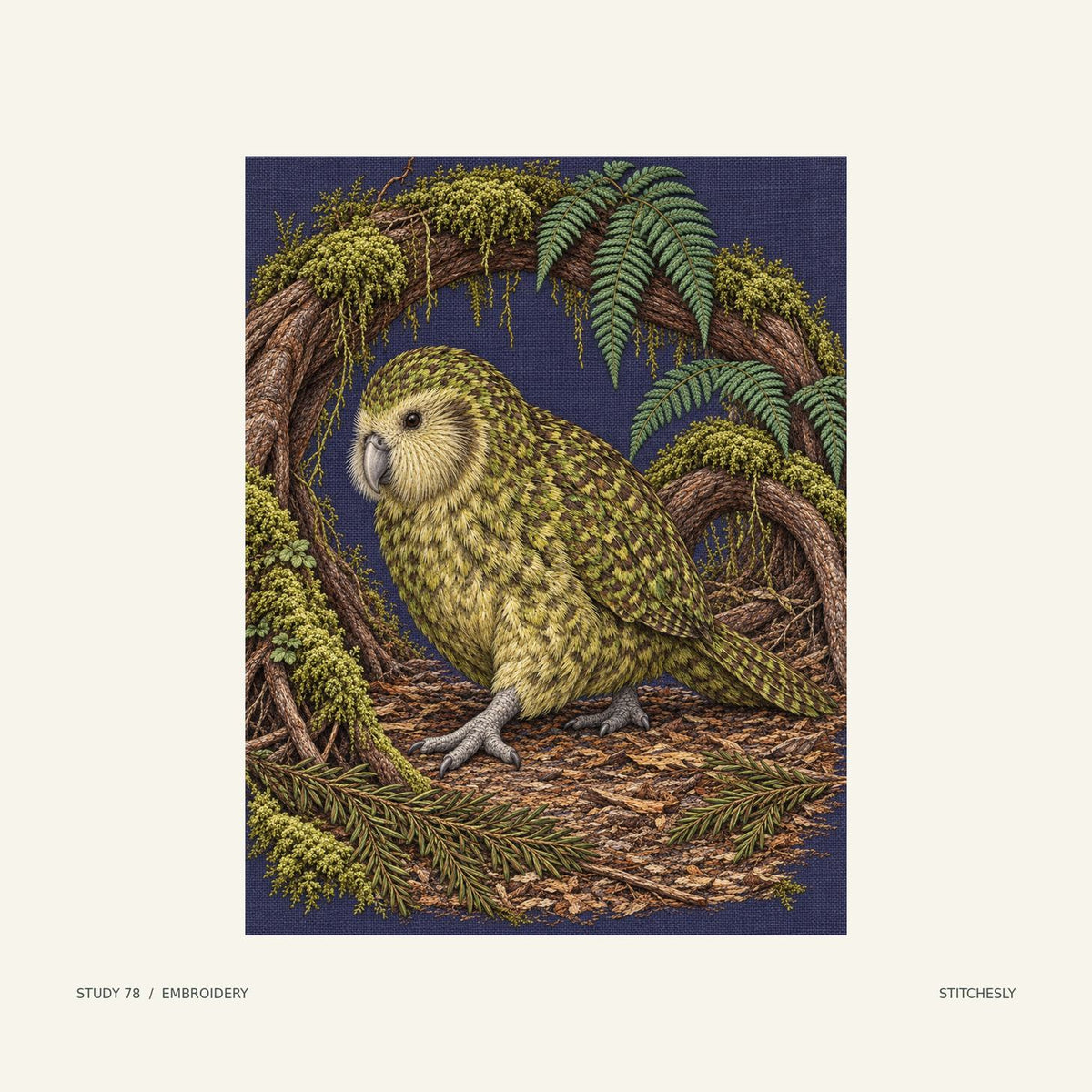 Study 78, embroidery image. A kakapo stands beneath an arch of moss and fern fronds in a sheltered forest setting. The corresponding embroidery image interprets the scene in colour and textile texture.