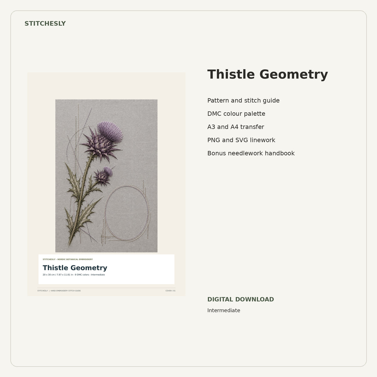 Thistle Geometry PDF stitch guide cover, pattern files and bonus needlework handbook.