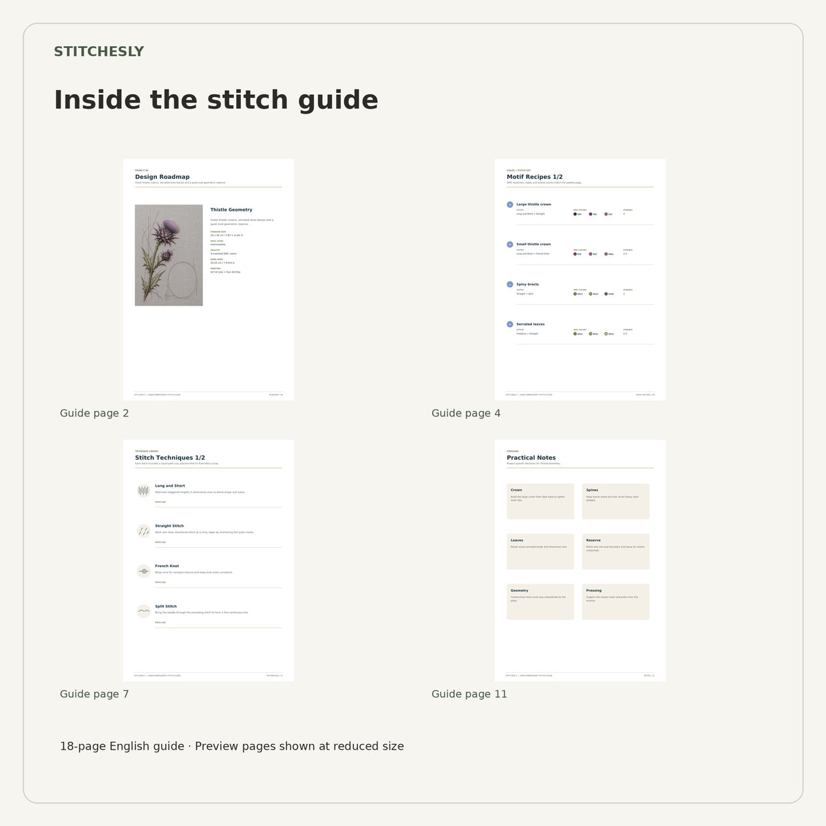 Four reduced-size preview pages from the 18-page Thistle Geometry stitch guide.