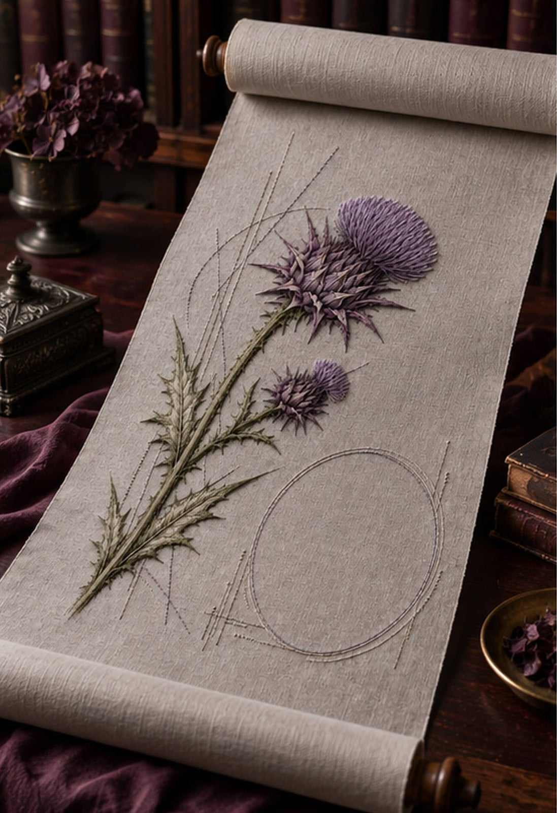 Linen panel on a chair mockup featuring the Thistle Geometry hand embroidery design. Violet thistle crowns sit above serrated leaves beside a clear oval.