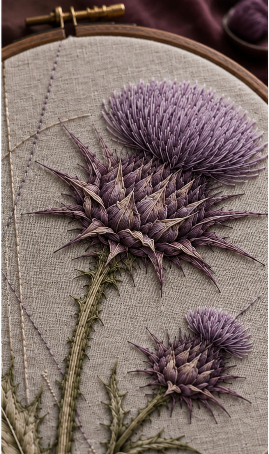 Close view of thistle embroidery mockup featuring the Thistle Geometry hand embroidery design. Violet thistle crowns sit above serrated leaves beside a clear oval.