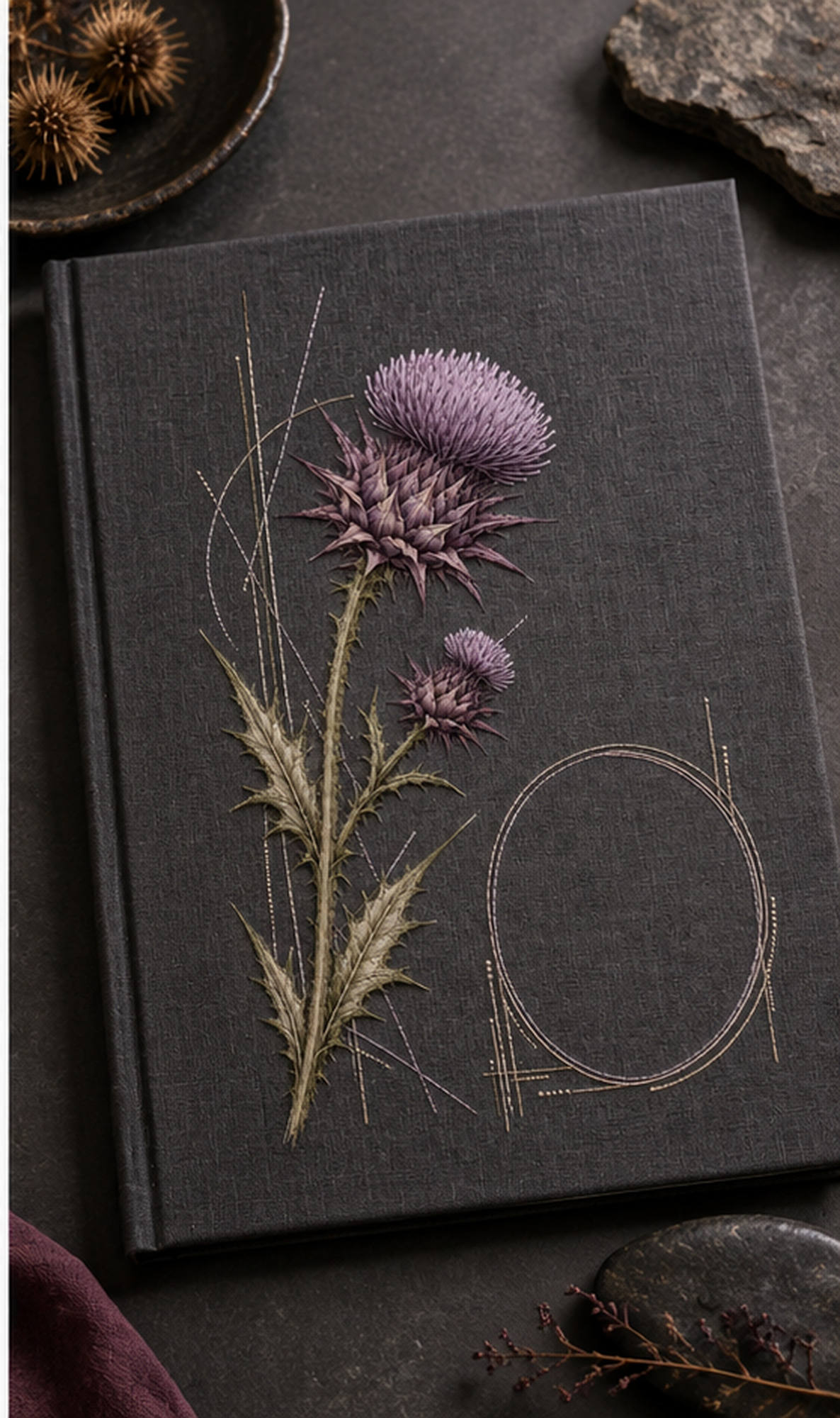 Dark linen notebook cover mockup featuring the Thistle Geometry hand embroidery design. Violet thistle crowns sit above serrated leaves beside a clear oval.