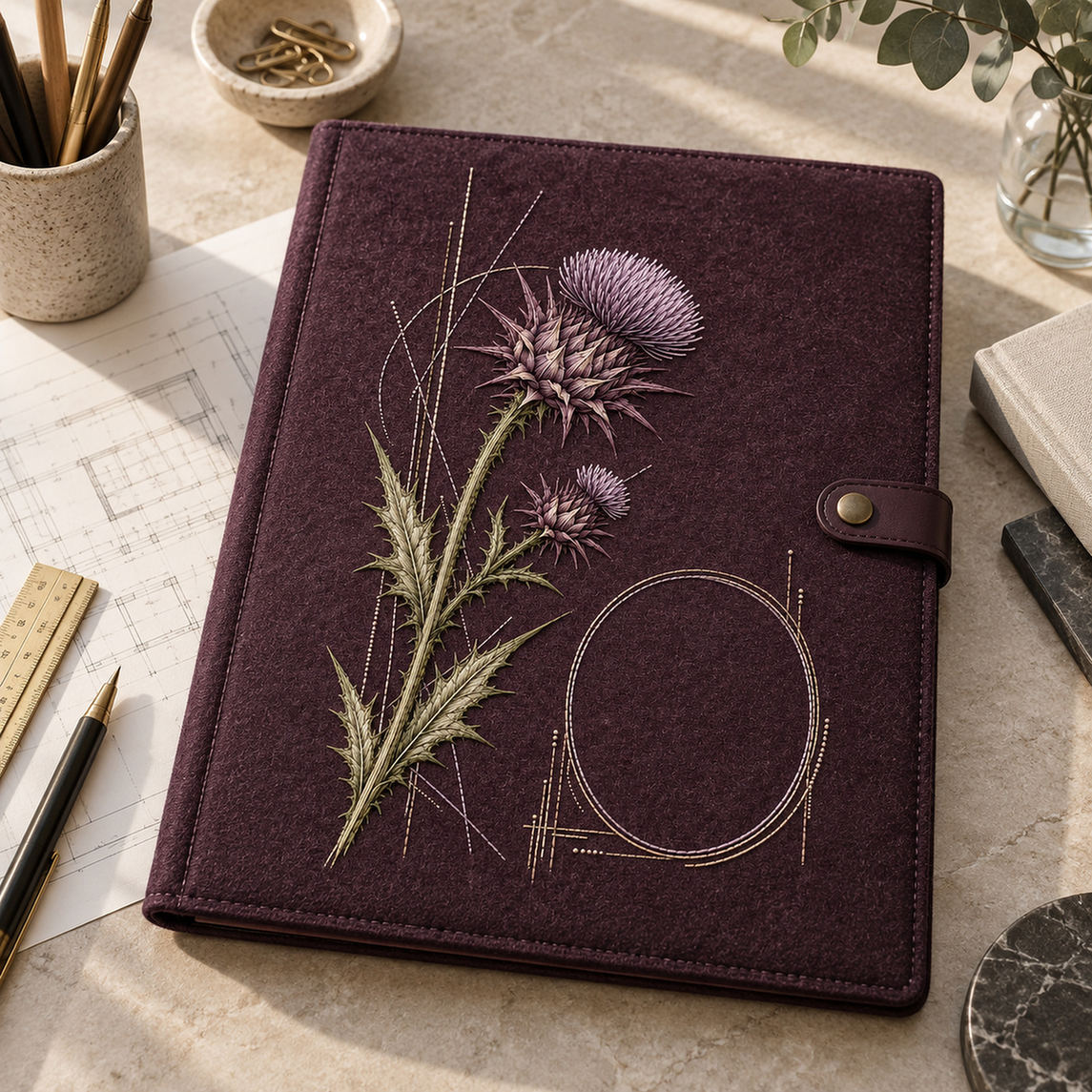Burgundy textile cover mockup featuring the Thistle Geometry hand embroidery design. Violet thistle crowns sit above serrated leaves beside a clear oval.