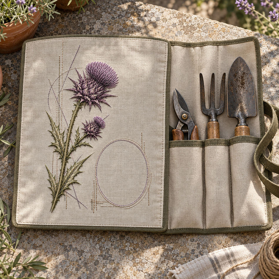 Fabric tool roll mockup featuring the Thistle Geometry hand embroidery design. Violet thistle crowns sit above serrated leaves beside a clear oval.