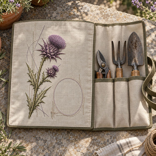 Fabric tool roll mockup featuring the Thistle Geometry hand embroidery design. Violet thistle crowns sit above serrated leaves beside a clear oval.