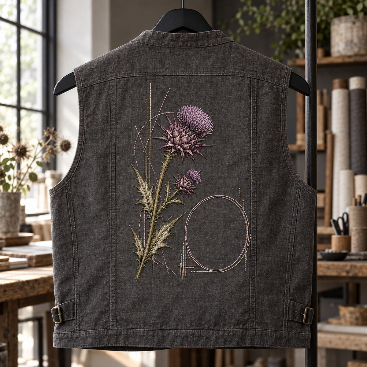 Dark linen hanging pocket mockup featuring the Thistle Geometry hand embroidery design. Violet thistle crowns sit above serrated leaves beside a clear oval.