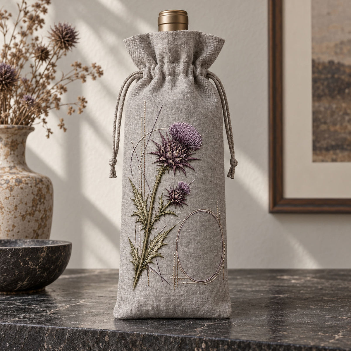 Linen tote bag mockup featuring the Thistle Geometry hand embroidery design. Violet thistle crowns sit above serrated leaves beside a clear oval.