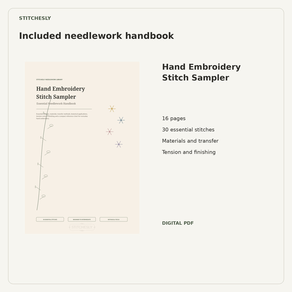 Included 16-page Hand Embroidery Stitch Sampler Essential Needlework Handbook, covering 30 stitches and preparation.