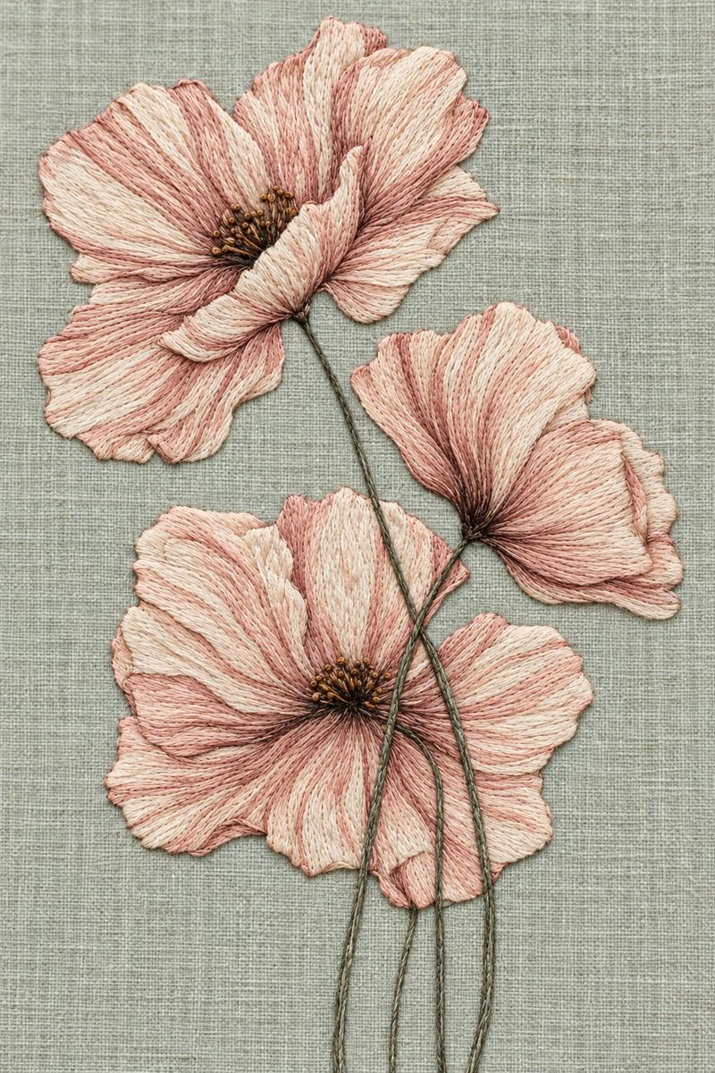 Digital embroidery visualization: three dusty rose and ivory flowers on slender crossing stems on celadon linen.