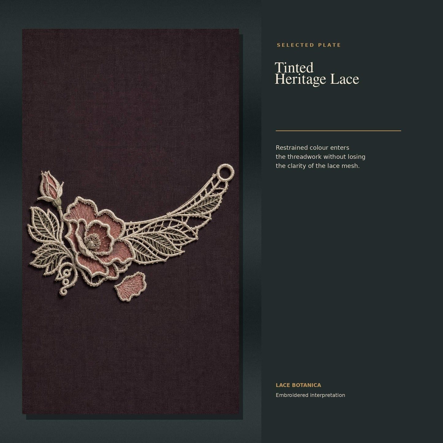 Tinted heritage floral lace applique study on dark textile