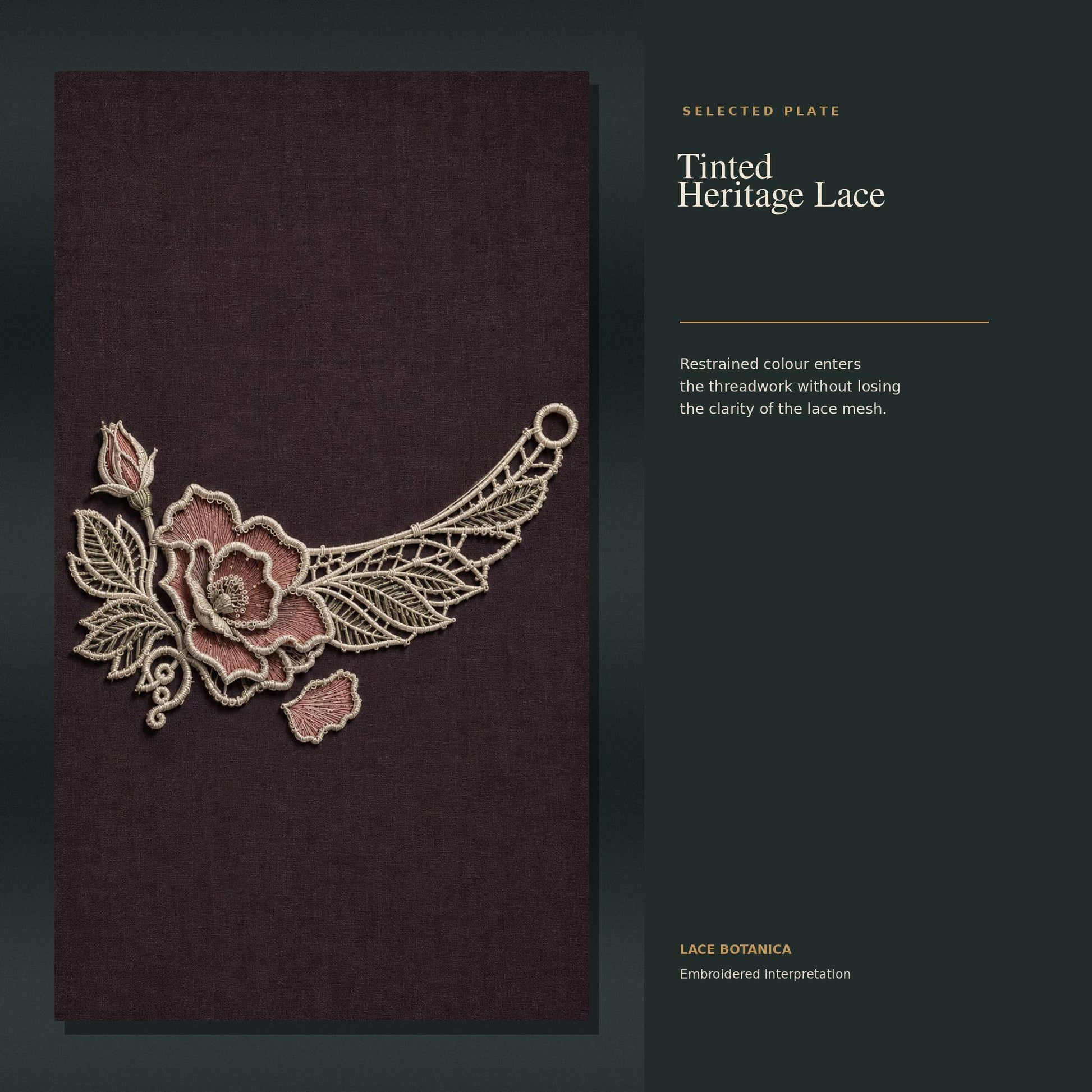 Tinted heritage floral lace applique study on dark textile