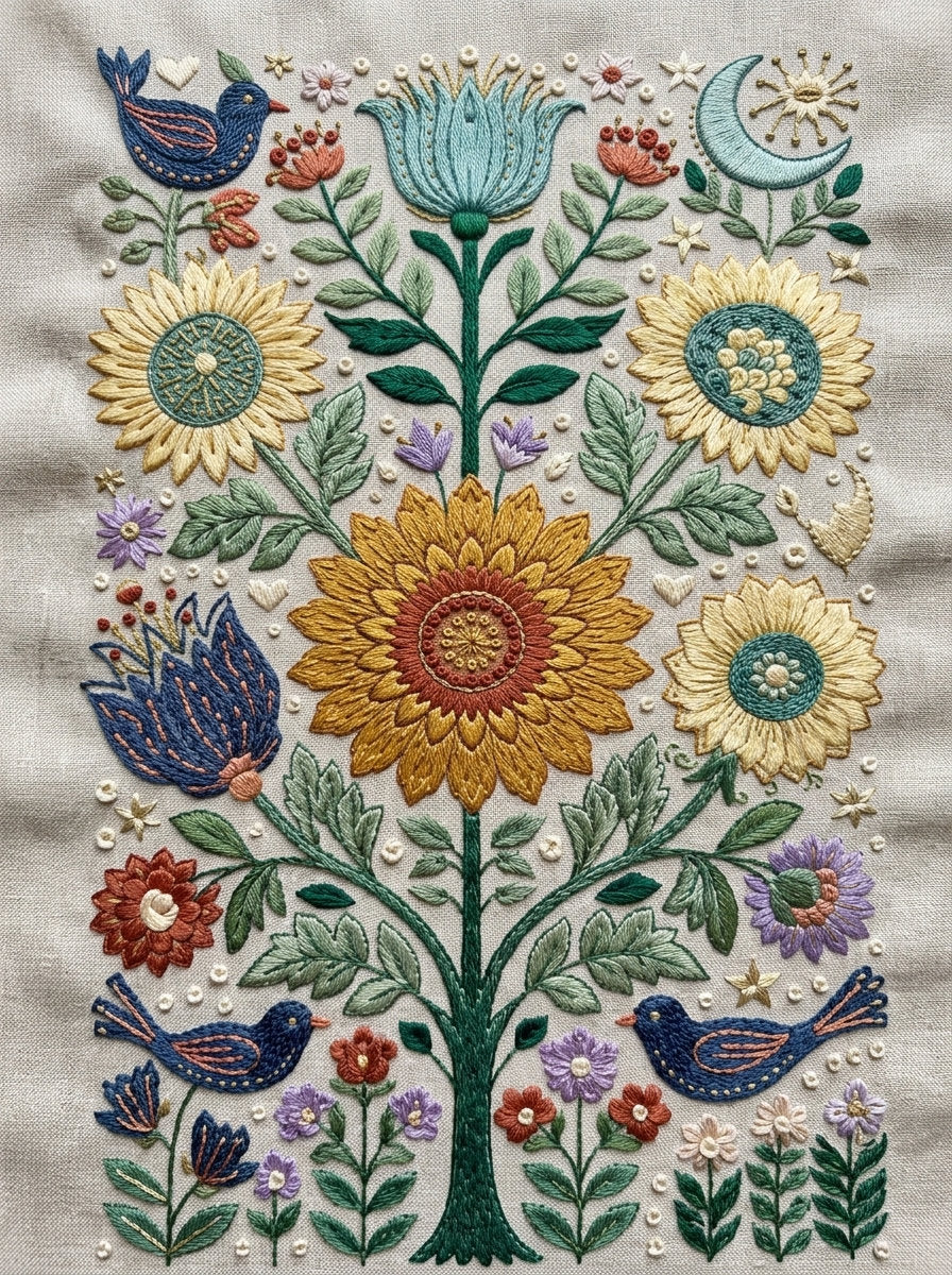 Tree Of Life And Village from Global Folk Art Embroidery Book 4, a digital embroidery design reference for machine embroidery designs, embroidery patterns and embroidery design reference.