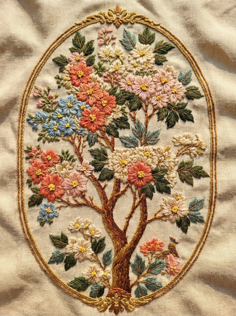Tree Of Life Medallion from Jacobean & Crewel Embroidery Book 4, a digital embroidery design reference for machine embroidery designs, embroidery patterns and embroidery design reference.