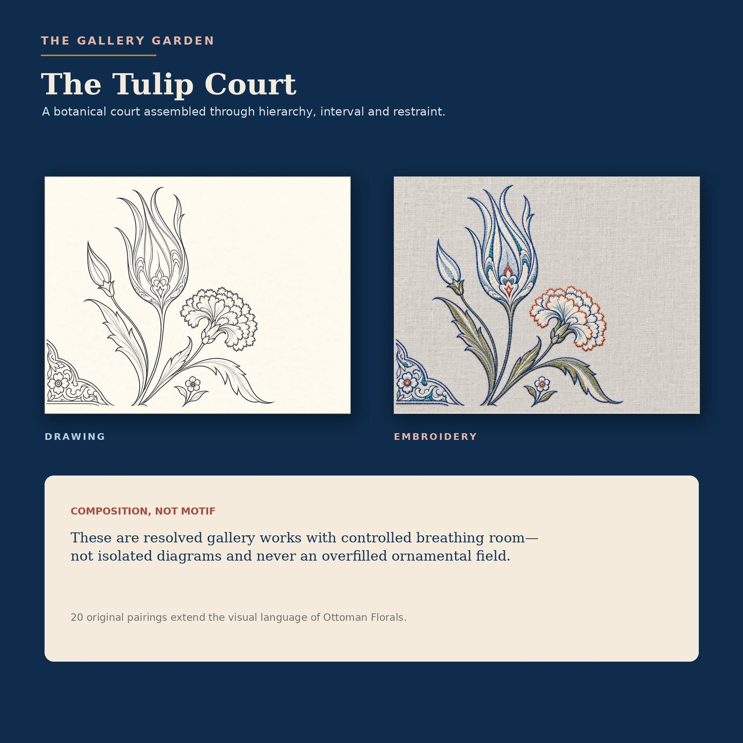 The Tulip Court gallery artwork shown as monochrome drawing and blue white embroidered composition.