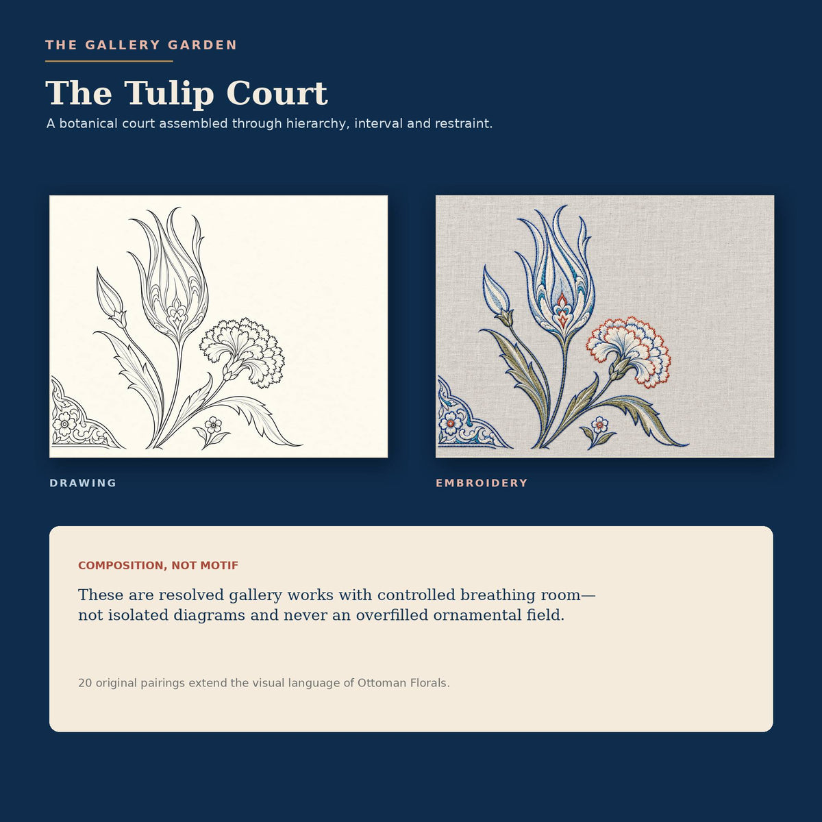 The Tulip Court gallery artwork shown as monochrome drawing and blue white embroidered composition.