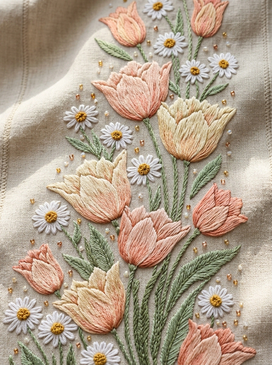 Tulip Daisy Border Easter And from Easter & Spring Embroidery Book 4, a digital embroidery design reference for machine embroidery designs, embroidery patterns and border and edge embroidery.