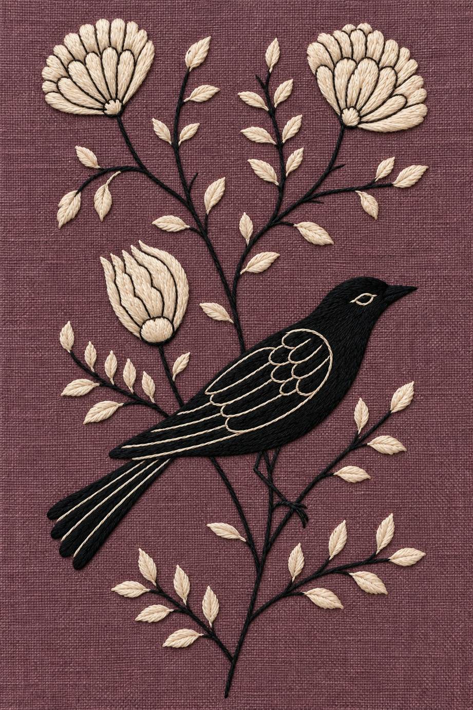 Fine cotton embroidery of black songbird with three outline flowers on dusty plum linen.