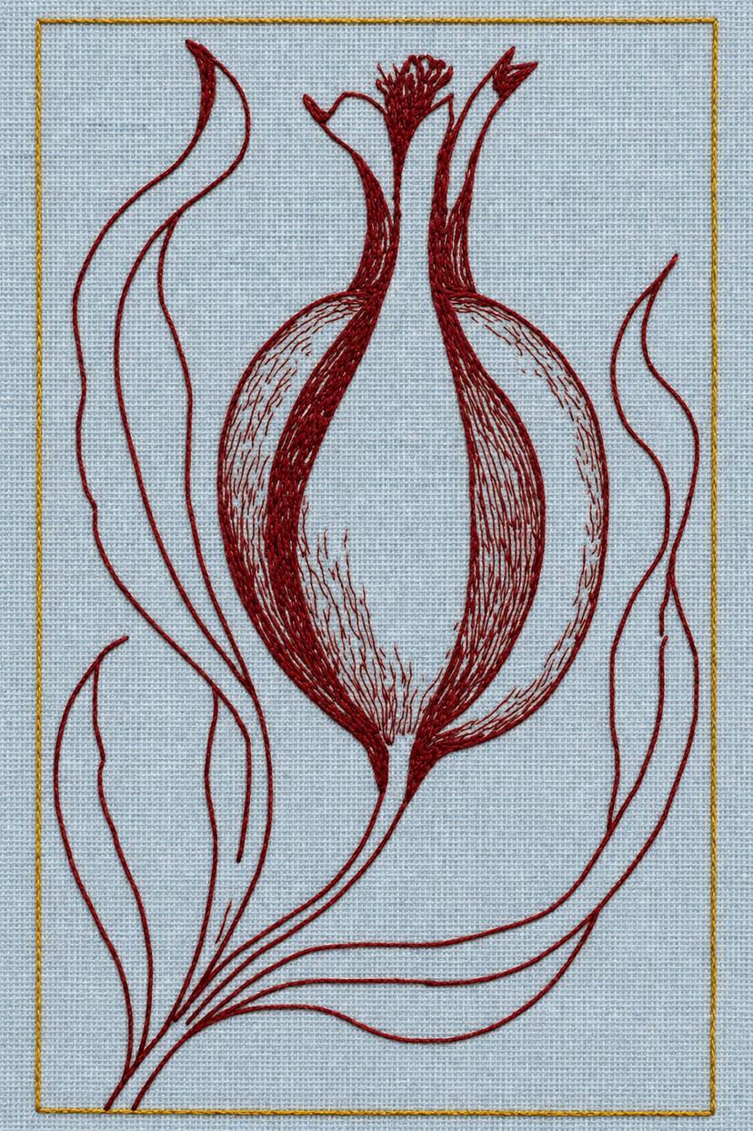 Fine cotton embroidery of burgundy split tulip with flowing leaves on powder blue linen.